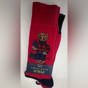 NWT Polo Ralph Lauren Sweater Bear Socks Red/Black - Mens Size 6-13 (2 Pairs)